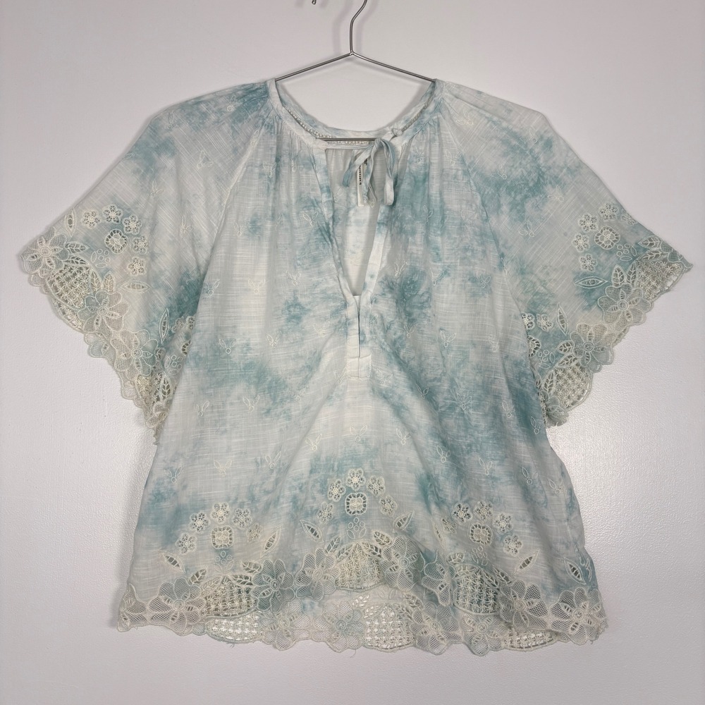 Anthropologie Women Blouse M Blue Tie Dye Lace Trim Boho Split Neck Top